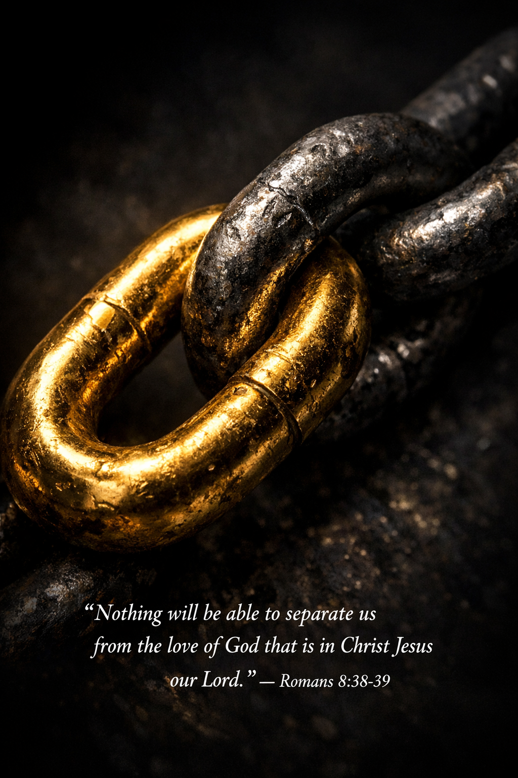 Romans 8:38-39 vertical wallpaper two chain links gold iron interlocked dark background unbreakable nothing separate love